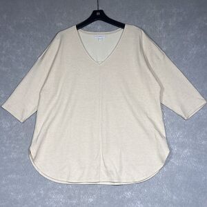 Pure Jill Shirt Size X-Large Tan White Organic Cotton Striped 3/4 Sleeve V Neck